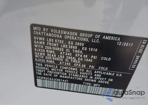 2018 Volkswagen Atlas 3.6L V6 Se W/Technology z USA, uszkodzony, nr VIN 1V2FR2CA2JC551447